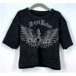 Hot Topic Angel Baby Rhinestone Wings Crop Tee XS Black Charcoal Y2K Goth Grunge